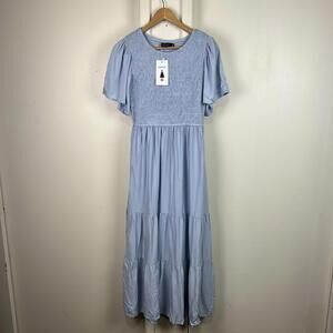 Zesica Puff Sleeve Smocked High Waist Ruffle Light Blue Midi Dress Sz Medium NWT